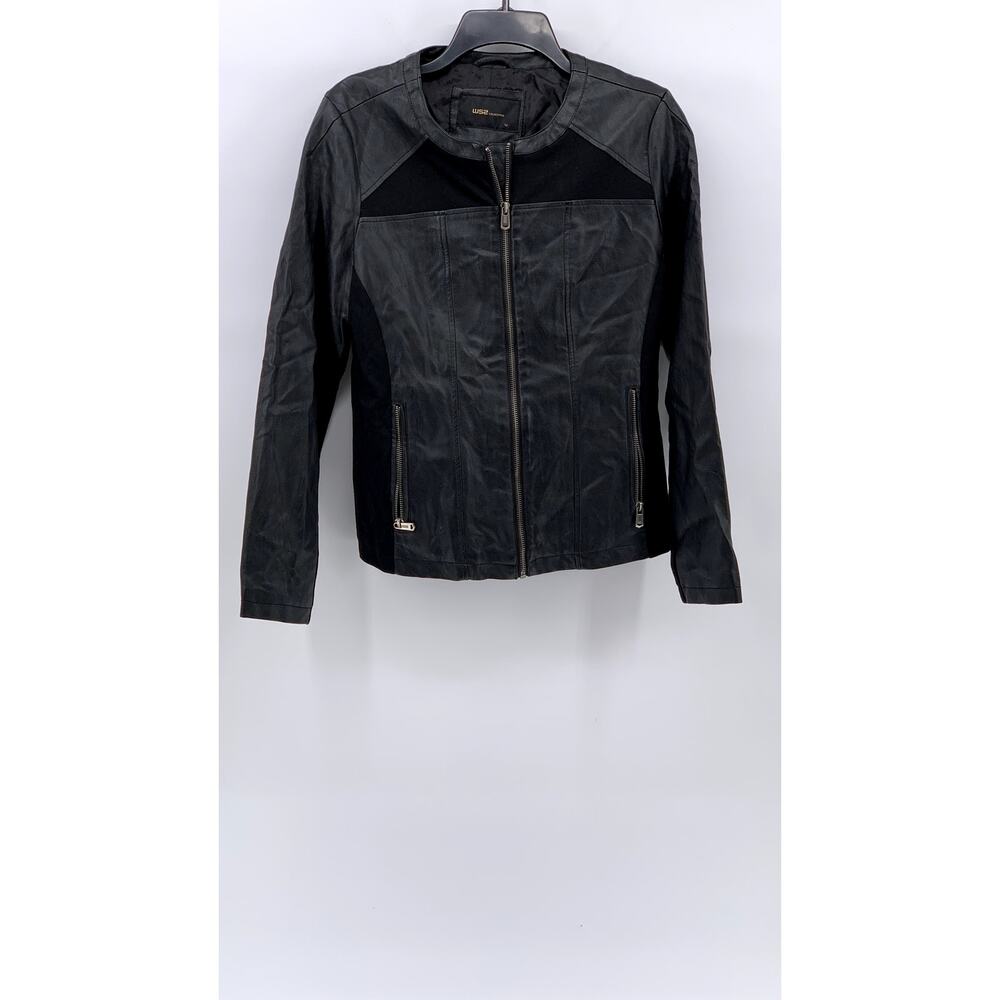 WS2 COLLECTION Women's Black Faux-Leather Zip-Up Long Sleeve Jacket SZ M